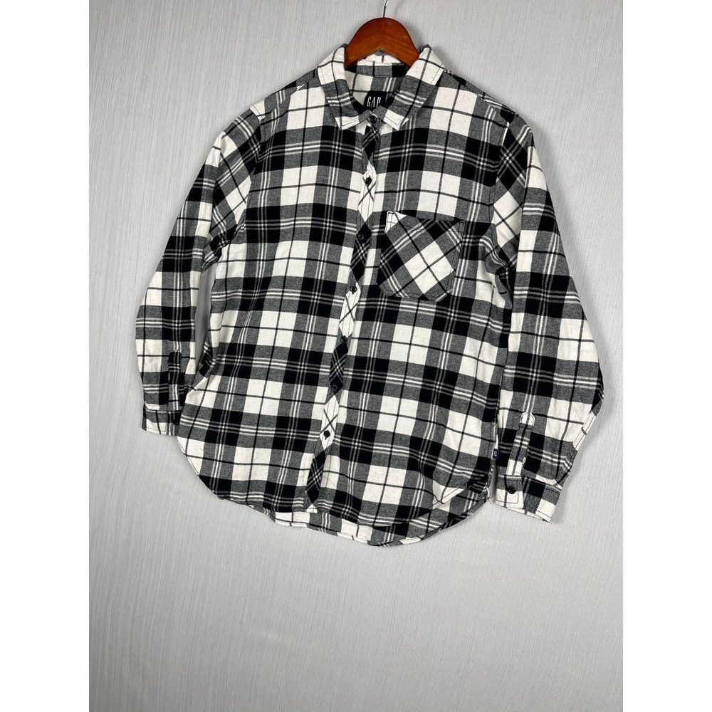 Gap Button Down‎ Women Large Black White Plaid Flannel Shirt Long Sleeve Casual